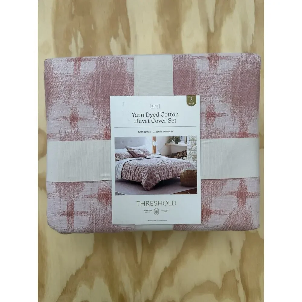 Threshold King Yarn Dyed Cotton Duvet Cover Set Pink Geometric Boho Cottagecore